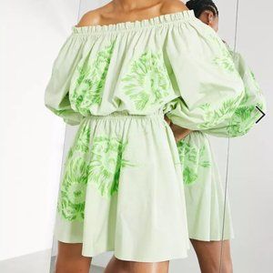 ASOS EDITION off shoulder floral embroidered mini dress  in apple